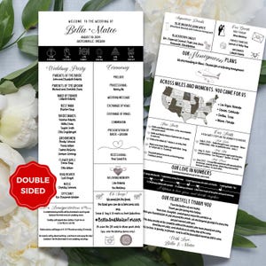 Puede incluir: Un programa de boda en blanco y negro con un mapa de los Estados Unidos que muestra los destinos de viaje de la pareja. El programa incluye detalles sobre la ceremonia de boda, la recepción y los planes de luna de miel de la pareja. El texto incluye los nombres de la pareja, Bella y Mateo, y la fecha de la boda, 30 de agosto de 2034.