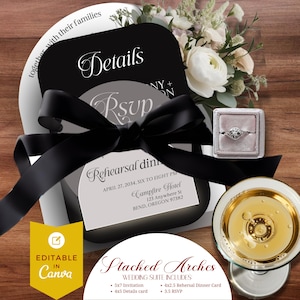 Minimalist Arch Wedding Invitation Set Black White Gray Canva Template with RSVP Details & Rehearsal Cards Modern Editable Suite MINNIE ARCH