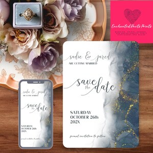 May include: A save the date card with a blue and gold watercolour background. The text reads "sadie & jared are getting married save the date saturday october 26th 202x formal invitation to follow"