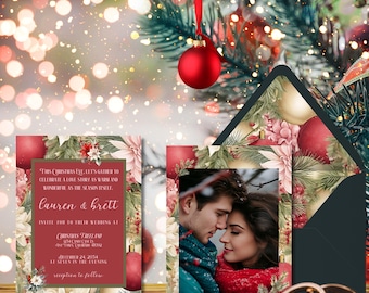 Invitaciones de boda navideñas con estampado floral burdeos (plantilla en lienzo)