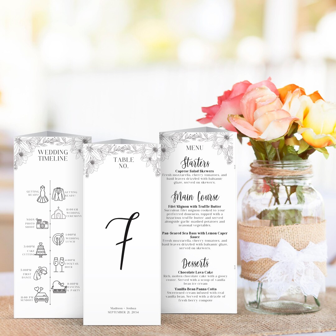 Floral Trifold Wedding Sign Template: Minimalist Table Menu, Timeline ...