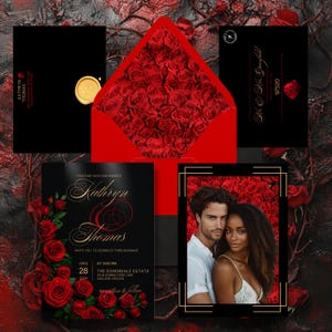 Elegante Rote Rose Hochzeitseinladung Vorlage, Doppelseitiger Canva Digitaler Download, Schwarz & Gold Formelles Design mit Romantischem Foto REDROSE