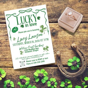 Plantilla de Canva para invitación a la despedida de soltera "Afortunado enamorado" / Invitación para despedida de soltera con diseño de trébol verde para el Día de San Patricio / Descarga digital editable