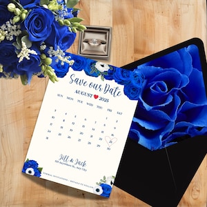Modèle de faire-part de mariage bleu royal, création de toile Save the Date, personnalisé Unique, rose enveloppe doublure calendrier Design ROYAL