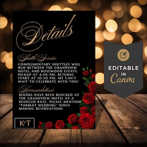 Rote Rosen-Hochzeits-Karte | Schwarz und Gold Info Karte | Druckbare 3.5 x 5 Einfügen | Elegante Hochzeitsvorlage | Sofort Download ROSE