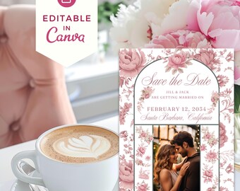 Puede incluir: Una tarjeta de guardar la fecha con un diseño floral en tonos rosa y blanco. La tarjeta presenta una foto de una pareja en un entorno de jardín. El texto de la tarjeta dice "Save the Date", "Jill & Jack", "Are getting married on", "February 12, 2034", y "Santa Barbara, California".