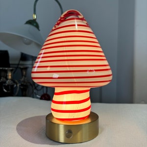 Hand Blown Glass Mushroom Night Light/table lamp with Red Strips-Handcrafted glass mushroom Cute Christmas ornaments (Total H:22cm,6.2 lbs)
