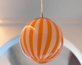 Hand Blown Glass Globe Pendant Light: Orange Spiral Chandelier (D 9.8 Inches)