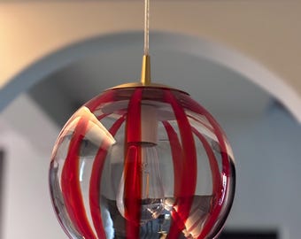 Hand Blown Glass Globe Pendant Light: Red Striped Ceiling Lamp (D 9.8 Inches/25cm)