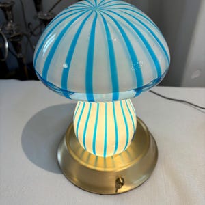 Hand Blown Glass Mushroom Night Light: Blue Swirl Table Lamp