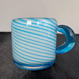Handmade Cold Water Mint Blue Swirl Glass Mug with Transparent Blue Handle - Artisanal Glass Coffee Mug - Not for Hot coffee and water
