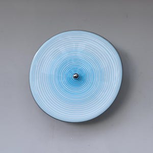 May include: A round, light blue and white plate with a spiral design. The plate has a silver metal rim and a small, silver metal knob in the center. The plate is set against a gray background.