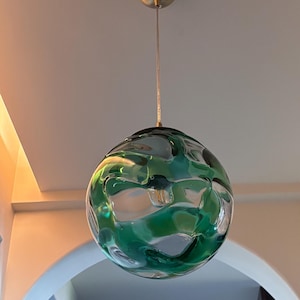 Hand blown Green Glass Globe Pendant Light – 10&quot; Transparent Sphere with Organic Texture, Solid Brass Fixture, Artisan Glass Chandelier