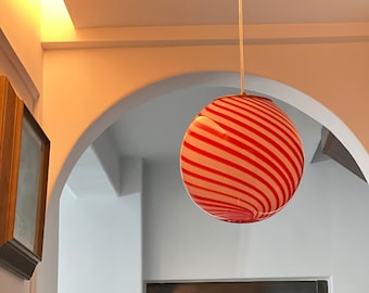 Hand Blown Glass Globe Pendant Light: Strawberry Red Swirl, 9.8"