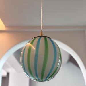 Hand Blown Glass Globe Pendant Light: Blue & Green Striped Chandelier (9.8 Inches)