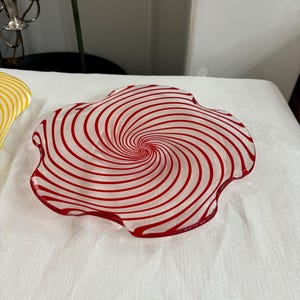 Handmade Glass Serving Plate: Red Swirl Design, Decorative Centerpiece (10.8&quot;)