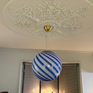 Hand Blown Glass Globe Pendant Light: Cobalt Blue Swirl, 15.75&quot;