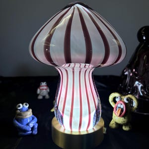 Hand Blown Glass Mushroom Night Light/Table Lamp with Purple Strips-Handcrafted glass mushroom personalized gifts (Total H:24.5cm,7 lbs)