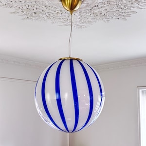 Hand Blown Glass Globe Pendant Light: Blue Stripe Brass Chandelier (15.75 Inch Diameter
