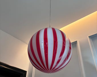 Hand Blown Glass Globe Pendant Light: Red Swirl Chandelier (D 9.8 Inches)