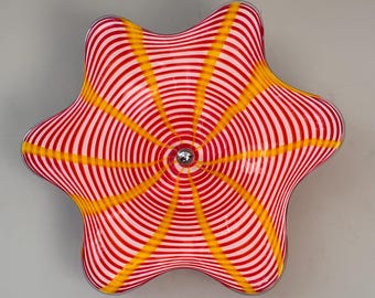 Hand Blown Glass Wall Sconce: Red and Yellow Striped Art Glass Disk 11.5"