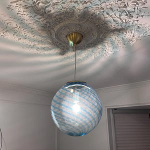 Hand-Blown Transparent Glass Globe Pendant Lighting with Blue Spiral Patterns – 35 cm diameter glass globe ceiling lights, glass chandelier