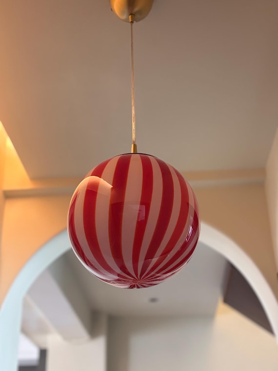 Hand Blown Glass Globe Pendant Light: Red Stripes Chandelier (D 9.8 Inches)