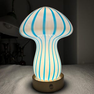 Hand Blown Glass Mushroom Night Light: Blue Swirl Table Lamp
