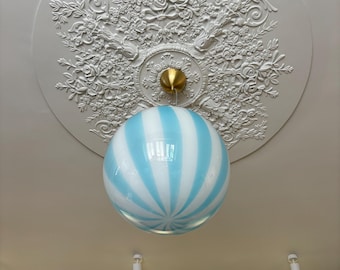 Hand Blown Glass Globe Pendant Light – Mint Blue Candy Stripe Chandelier