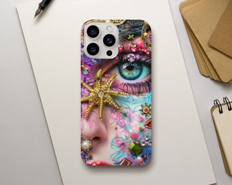 May include: A colorful phone case with a close-up of a woman's eye with blue eyeshadow and a gold starfish on her cheek. The background is a mix of pink, blue, and green.