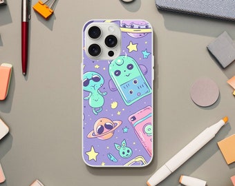 3D GEDRUCKTE, süße Alien Elektronik Handyhülle, Stern Weltraum Für iPhone 7-X 11 12 13 14 15 Mini Pro Max & Galaxy S20-S23 Plus Ultra