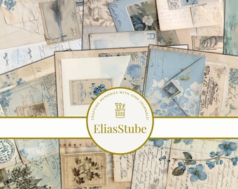 FRENCH EPHEMER, Junk Journal, Vintage, Blue Paris Collage Journal Pages Vol. 1, Scrapbooking Flower Pages -23 Pages+3 Bonus Backgrounds