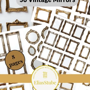 Op de afbeelding: Een verzameling van 90 vintage spiegels met sierlijke gouden frames, waaronder rechthoekige en ovale vormen. De afbeelding bevat ook de tekst "90 Vintage Mirrors", "8 pages" en het EliasStube-logo.