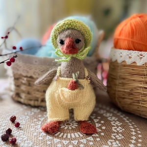 Könnte beinhalten: Ein gestricktes Spielzeug-Entchen, das einen grün-gelben Hut und eine Latzhose trägt. Das Entchen hält eine kleine Karotte in der Hand. Das Entchen sitzt auf einer braunen Jutestruktur.