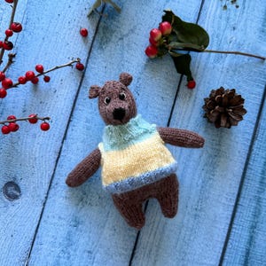 Peut inclure: Un ours en peluche brun tricoté portant un pull rayé bleu, jaune et vert. L'ours est assis sur une surface en bois bleu.