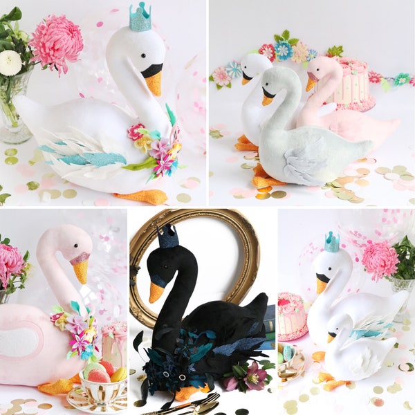 Swan Party, swan plush, swan sewing pattern, black swan, nursery decor, plush pattern, digital download, baby shower, stuffed animal