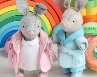 Monty & June, rabbit sewing pattern, easter, bunny pattern, felt rabbit pattern, doll clothes pattern, peter rabbit, felt animals, felt toys