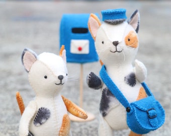 Felt Cat Sewing Pattern: Lenny & Boots Postman Plush, Instant download, hand sewn
