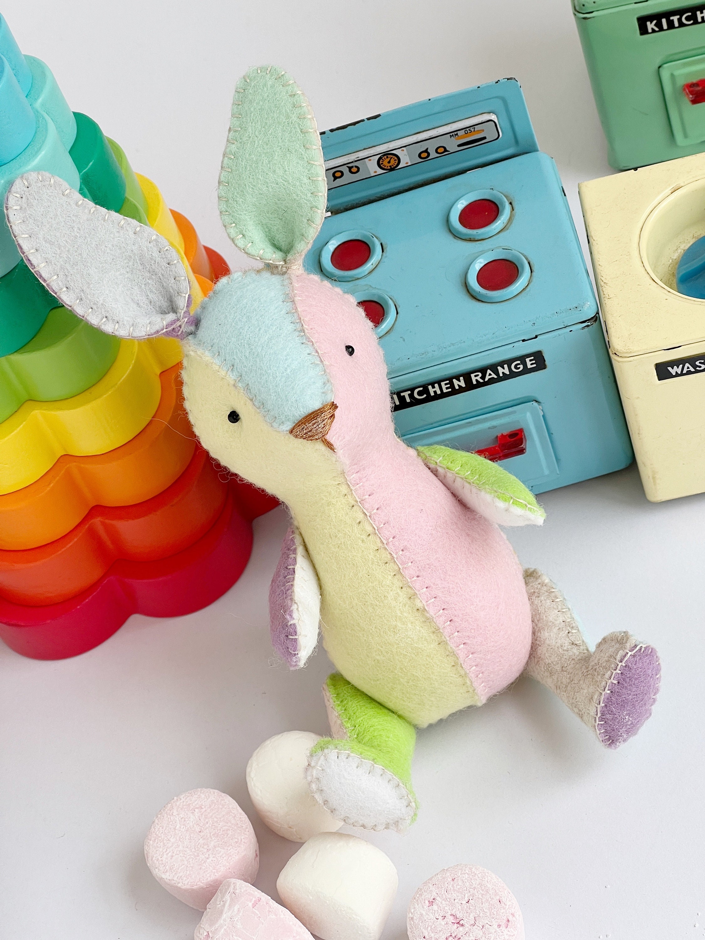 Felt Bunny Sewing Pattern – Hand-sewn Rabbits in Pajamas & Dressing ...