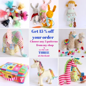 May include: A collage of colorful handmade plush toys, including a unicorn, a giraffe, a llama, a bunny, an elephant, and a doll. The text "Get 15% off your order Choose any 3 patterns from my shop & use the code THREE at checkout" is displayed in the center of the image.