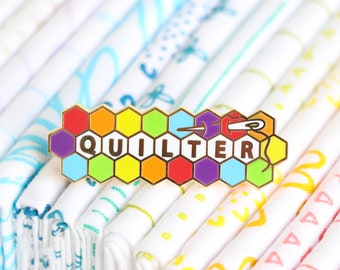 Quilter enamel pin, sewing enamel pin, cute enamel pin, quilt, pin badge, project bag, rainbow enamel pin