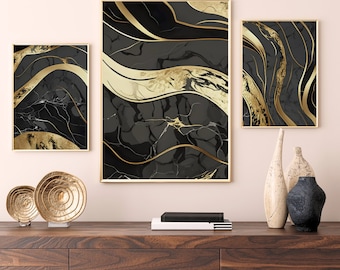 Set of 3 Marble Effect Black & Gold Wall Art Printable Luxury Home Apartment Decor Abstract Modern Black Bedroom Minimalist Digital Download
