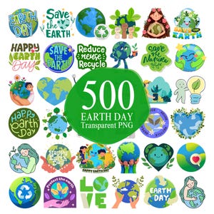 May include: A collection of Earth Day themed graphics, including illustrations of the Earth, recycling symbols, and phrases like "Save the Earth" and "Happy Earth Day." The image also includes the text "500 EARTH DAY Transparent PNG."