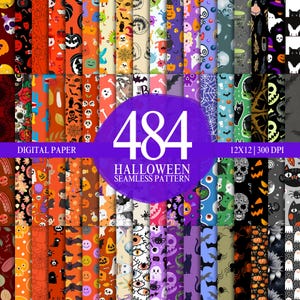 May include: A collection of 484 Halloween-themed digital paper patterns. The patterns feature various spooky designs, including pumpkins, skulls, bats, and spiders. The text "484 Halloween Seamless Pattern" is displayed in a purple circle, with "Digital Paper" and "12x12 | 300 DPI" also visible.