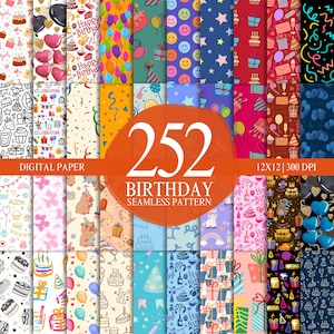 Peut inclure: Une collection de 252 motifs de papier numérique sur le thème de l'anniversaire. Les motifs présentent des ballons, des gâteaux, des cadeaux et des confettis de différentes couleurs. Le texte "DIGITAL PAPER" et "BIRTHDAY SEAMLESS PATTERN" est inclus.