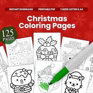 Pode incluir: Uma coleção de páginas para colorir de Natal com vários desenhos festivos, incluindo uma árvore de Natal e um gato. As páginas são em preto e branco, com um marcador verde parcialmente visível. O texto "Christmas Coloring Pages" é exibido.