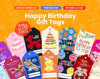 270 Assorted Happy Birthday Gift Tags Colorful Party Favors for Boys & Girls Minimalist Sweet Celebration Pastel Modern Typography Labels