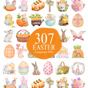 307 Watercolor Mega Bundle Easter Stickers Clipart Pastel Bunnies Cute Rabbit Carrots Easter Eggs Spring Floral Polka Dots Chick Lamp Trend