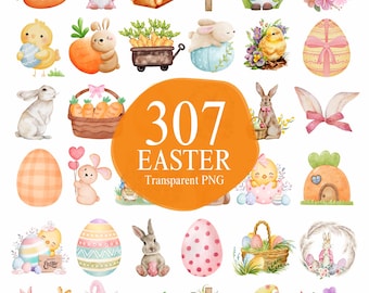 307 Watercolor Mega Bundle Easter Stickers Clipart Pastel Bunnies Cute Rabbit Carrots Easter Eggs Spring Floral Polka Dots Chick Lamp Trend