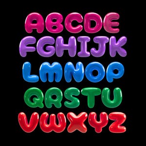May include: A complete alphabet of vibrant, glossy letters in a bubble style, set against a black backdrop. The letters are in shades of pink, purple, blue, green, and red. The letters have a 3D appearance and a shiny, reflective finish.